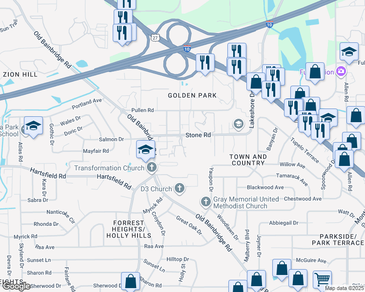 map of restaurants, bars, coffee shops, grocery stores, and more near 1447 Stone Road in Tallahassee