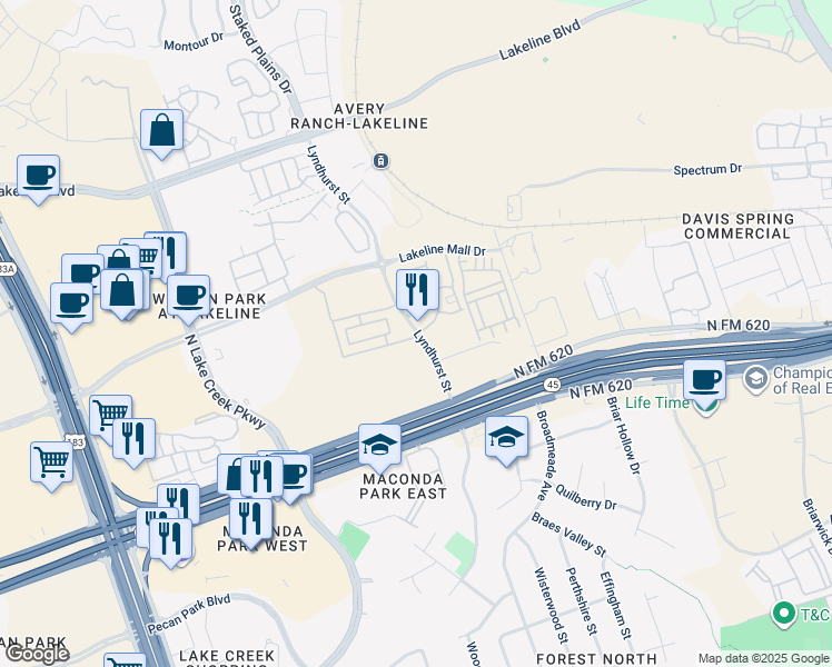 map of restaurants, bars, coffee shops, grocery stores, and more near 13535 Lyndhurst Street in Austin