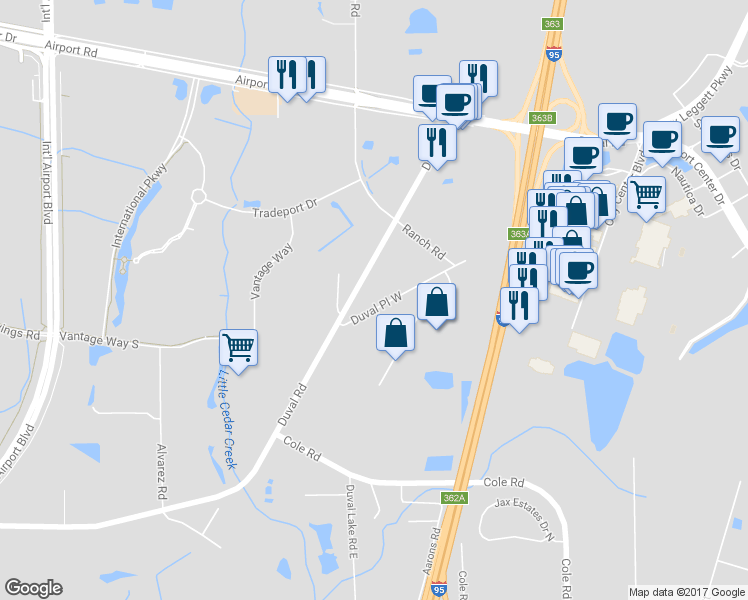 map of restaurants, bars, coffee shops, grocery stores, and more near 14403 Duval Place West in Jacksonville