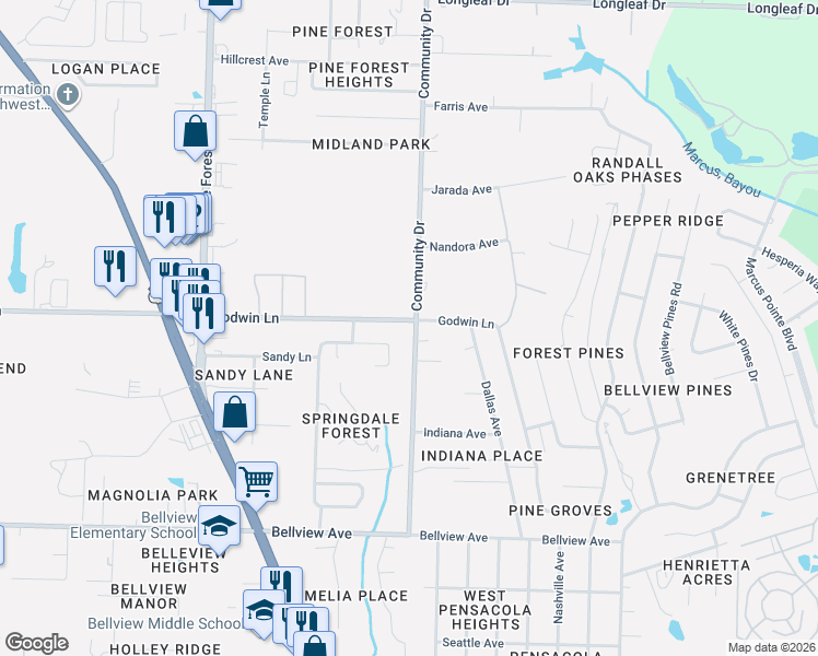 map of restaurants, bars, coffee shops, grocery stores, and more near 3001 Godwin Lane in Pensacola