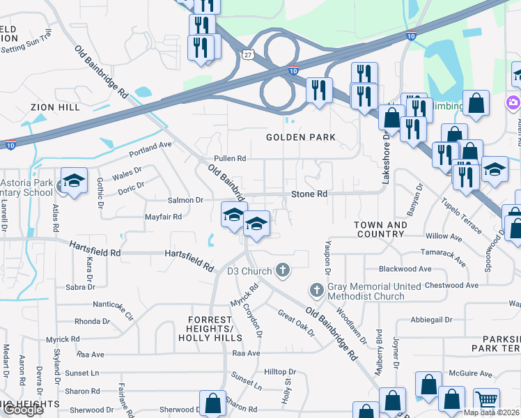 map of restaurants, bars, coffee shops, grocery stores, and more near 1571 Stone Road in Tallahassee