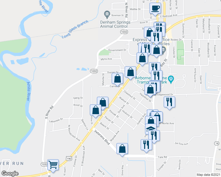 map of restaurants, bars, coffee shops, grocery stores, and more near 434 Carrie Drive in Denham Springs