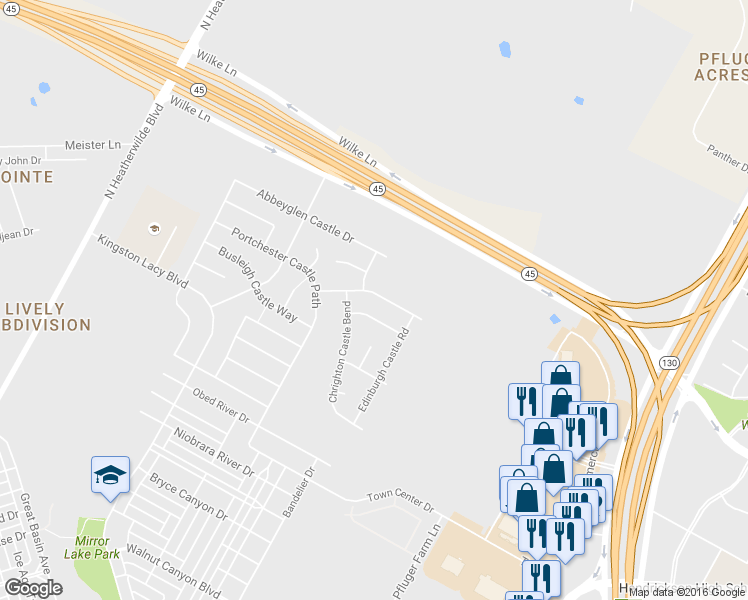 map of restaurants, bars, coffee shops, grocery stores, and more near 1009 Kensington Castle Trail in Pflugerville