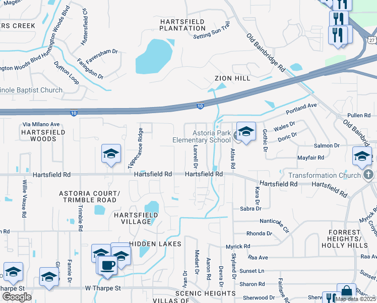 map of restaurants, bars, coffee shops, grocery stores, and more near 2435 Ludmila Lane in Tallahassee