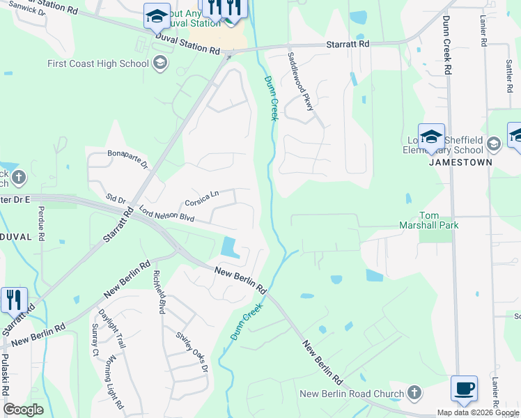 map of restaurants, bars, coffee shops, grocery stores, and more near 13116 Notre Dame Lane in Jacksonville