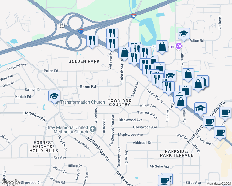 map of restaurants, bars, coffee shops, grocery stores, and more near 2419 Ramblewood Court in Tallahassee