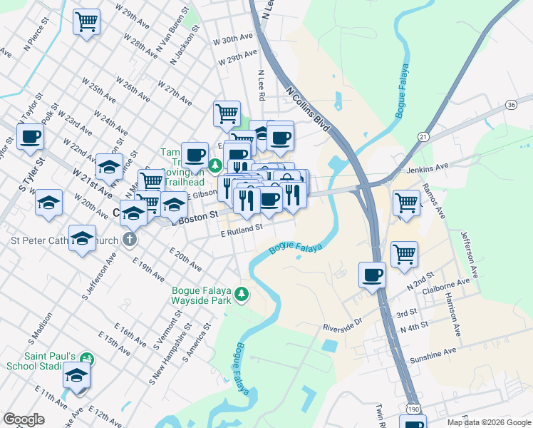 map of restaurants, bars, coffee shops, grocery stores, and more near 220 North Florida Street in Covington