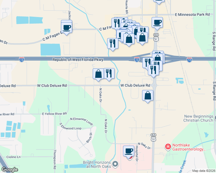 map of restaurants, bars, coffee shops, grocery stores, and more near 15655 West Club Deluxe Road in Hammond