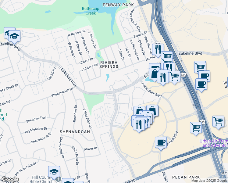 map of restaurants, bars, coffee shops, grocery stores, and more near 2808 South Lakeline Boulevard in Cedar Park