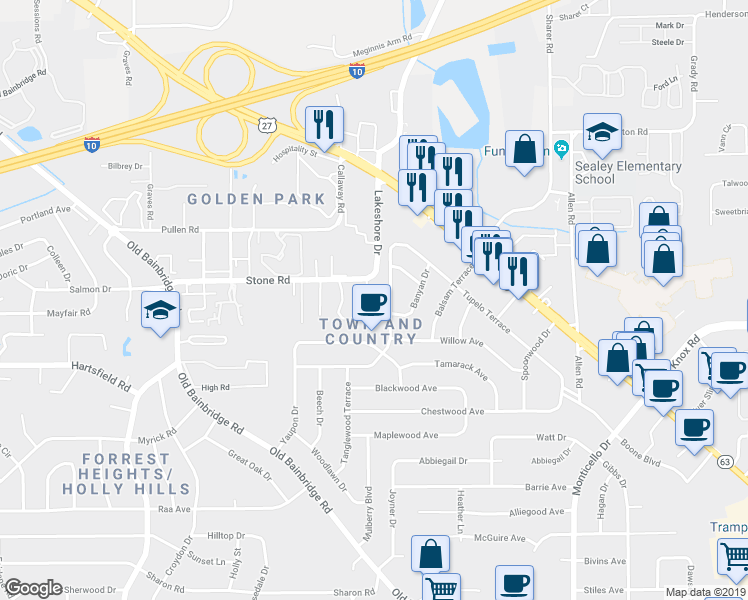 map of restaurants, bars, coffee shops, grocery stores, and more near 2419 Ramblewood Court in Tallahassee