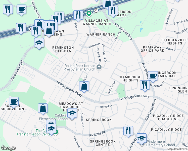 map of restaurants, bars, coffee shops, grocery stores, and more near 1820 Chinati Mountain Trail in Round Rock