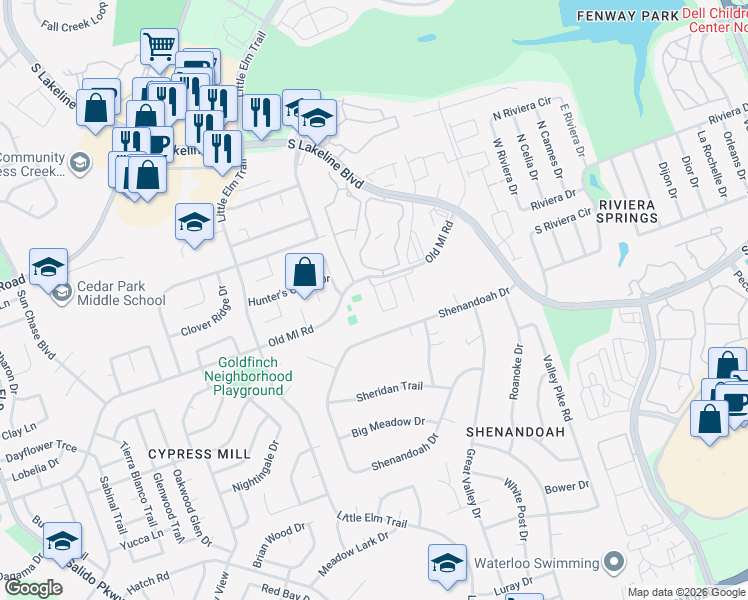 map of restaurants, bars, coffee shops, grocery stores, and more near 900 Old Mill Road in Cedar Park