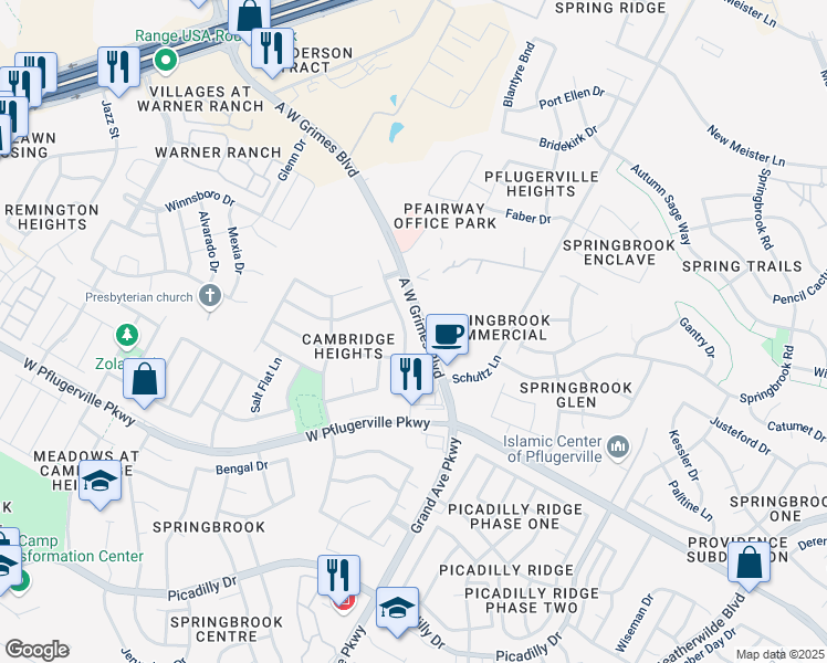 map of restaurants, bars, coffee shops, grocery stores, and more near 17709 Quitman Mountain Way in Round Rock