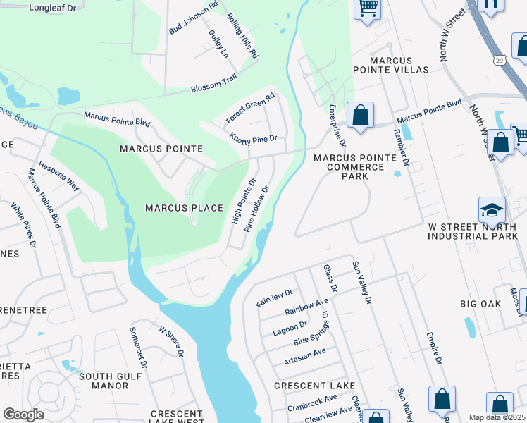 map of restaurants, bars, coffee shops, grocery stores, and more near 5102 Pine Hollow Drive in Pensacola