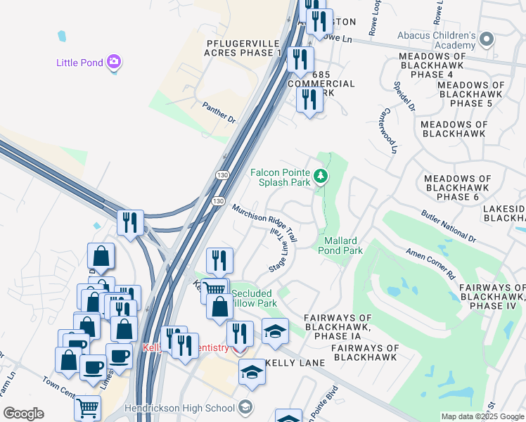 map of restaurants, bars, coffee shops, grocery stores, and more near 19504 Drifting Meadows Drive in Pflugerville