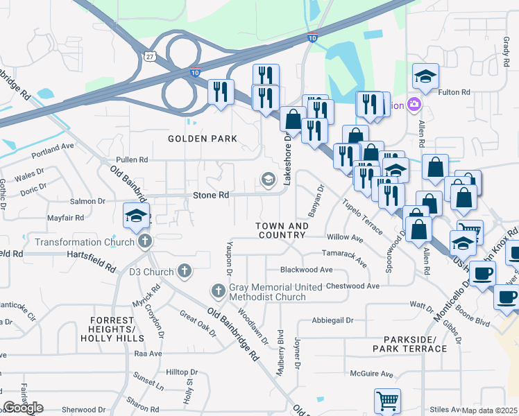 map of restaurants, bars, coffee shops, grocery stores, and more near 2470 Wren Hollow Drive in Tallahassee