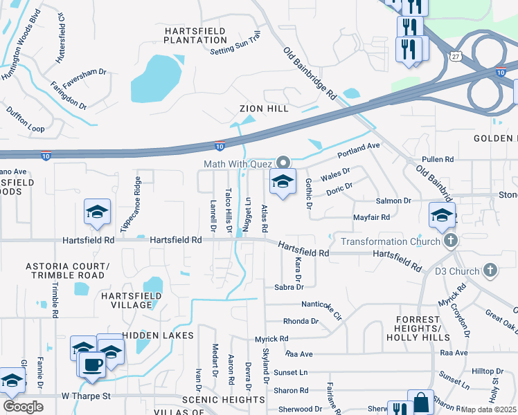 map of restaurants, bars, coffee shops, grocery stores, and more near 2426 Atlas Road in Tallahassee
