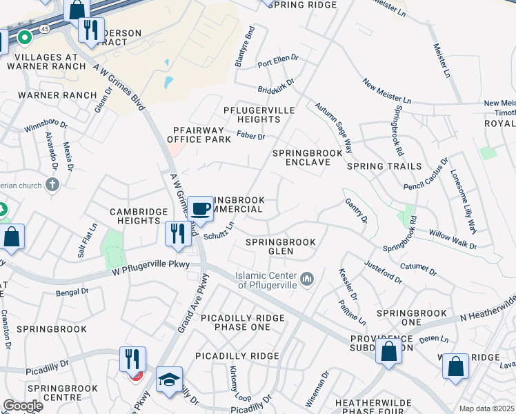 map of restaurants, bars, coffee shops, grocery stores, and more near 1303 Grafton Lane in Pflugerville
