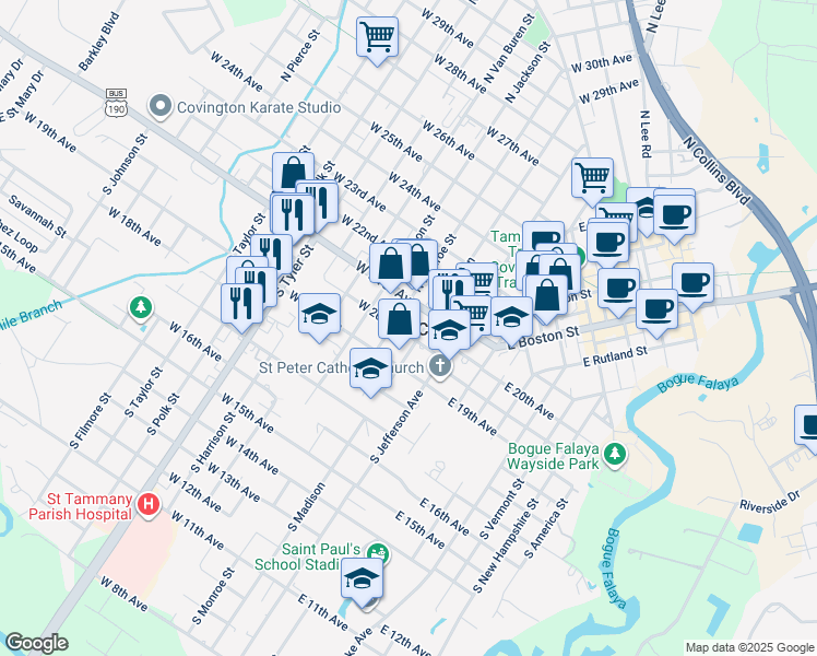 map of restaurants, bars, coffee shops, grocery stores, and more near 305 West 20th Avenue in Covington