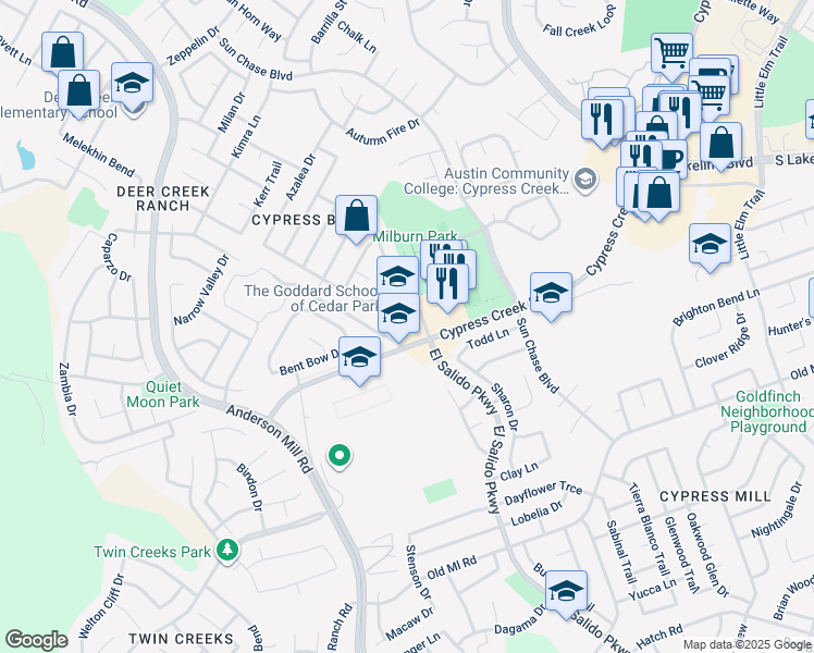 map of restaurants, bars, coffee shops, grocery stores, and more near 2105 Cypress Creek Road in Cedar Park