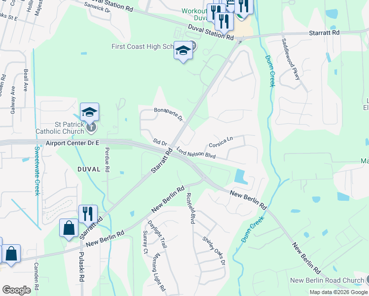 map of restaurants, bars, coffee shops, grocery stores, and more near 919 Capitol Parkway in Jacksonville