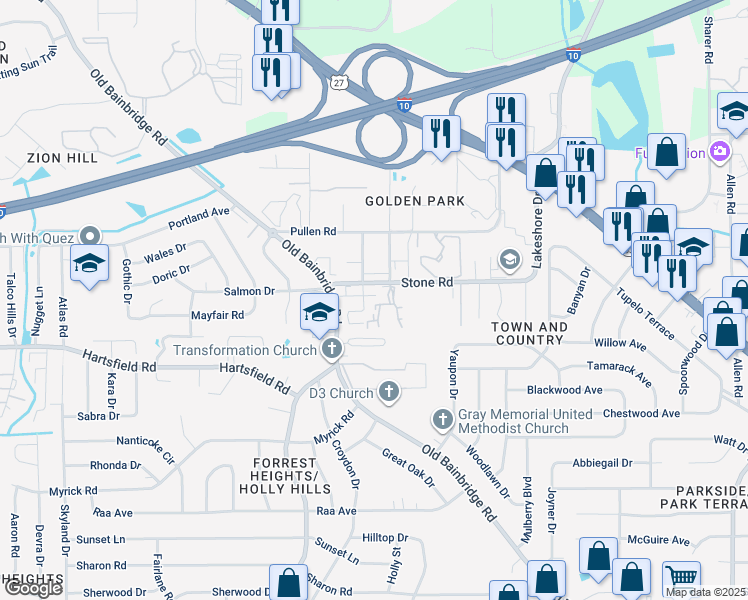 map of restaurants, bars, coffee shops, grocery stores, and more near 1447 Stone Road in Tallahassee