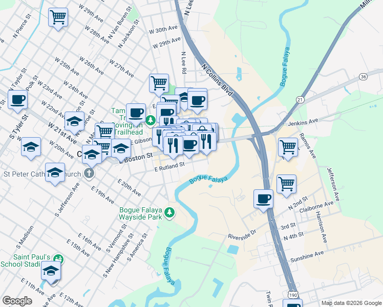map of restaurants, bars, coffee shops, grocery stores, and more near 220 North Florida Street in Covington