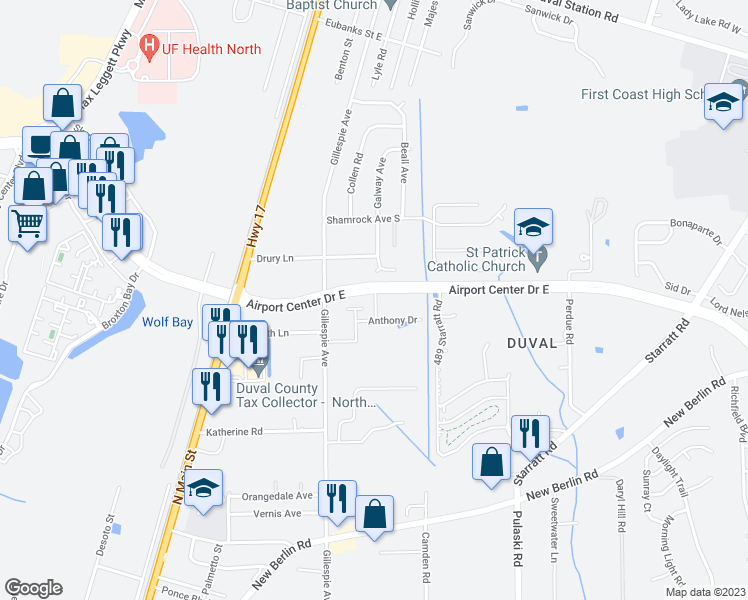 map of restaurants, bars, coffee shops, grocery stores, and more near 13140 Annies Walk Drive in Jacksonville