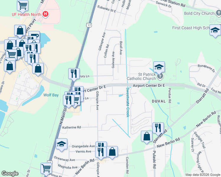 map of restaurants, bars, coffee shops, grocery stores, and more near 13140 Annies Walk Drive in Jacksonville