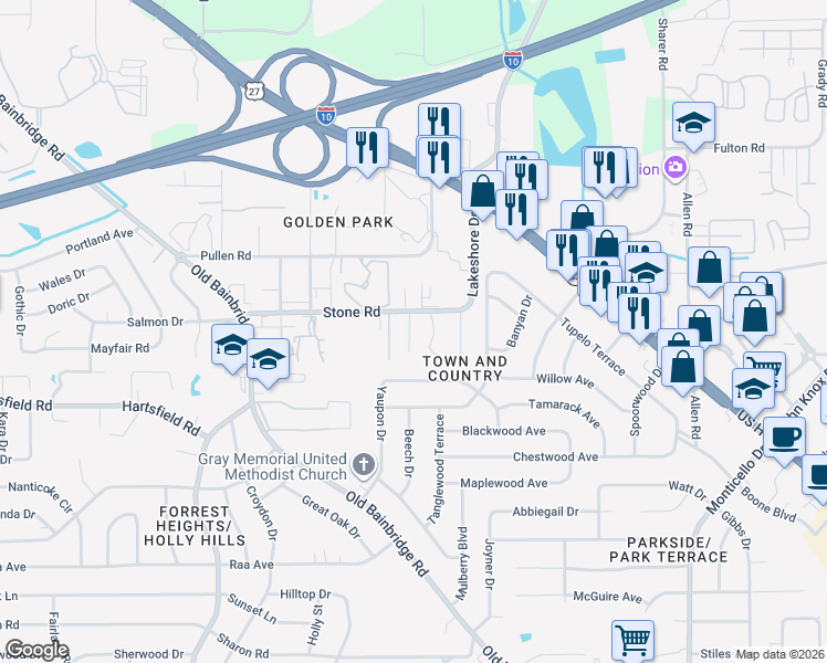map of restaurants, bars, coffee shops, grocery stores, and more near 2478 Wren Hollow Drive in Tallahassee