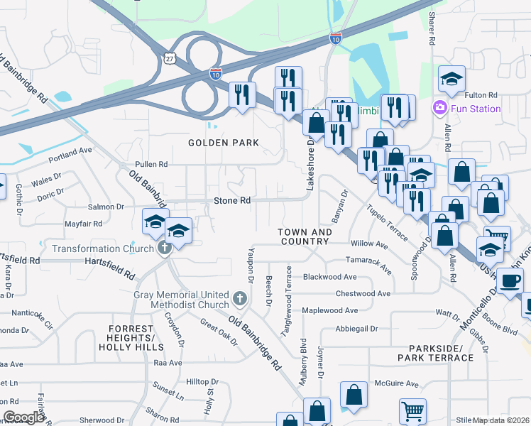 map of restaurants, bars, coffee shops, grocery stores, and more near 2489 East Thundell Drive in Tallahassee