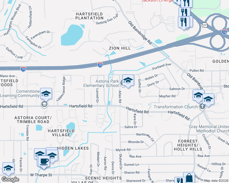 map of restaurants, bars, coffee shops, grocery stores, and more near 2466 Nugget Lane in Tallahassee