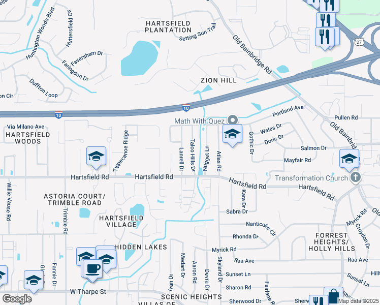 map of restaurants, bars, coffee shops, grocery stores, and more near 2444 Talco Hills Drive in Tallahassee