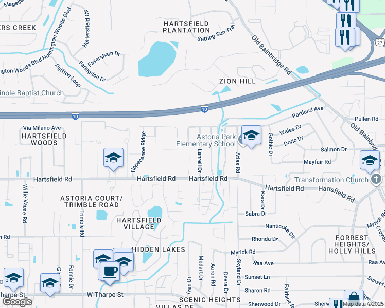 map of restaurants, bars, coffee shops, grocery stores, and more near 2435 Ludmila Lane in Tallahassee