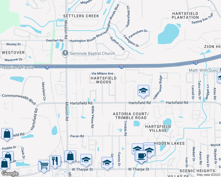 map of restaurants, bars, coffee shops, grocery stores, and more near 2314 Via Sardinia Street in Tallahassee