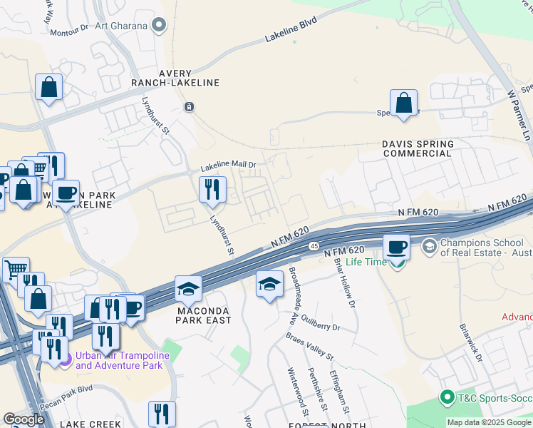 map of restaurants, bars, coffee shops, grocery stores, and more near 13504 Martin Scott Cove in Austin
