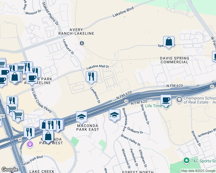 map of restaurants, bars, coffee shops, grocery stores, and more near 13606 Cibolo Trace in Austin