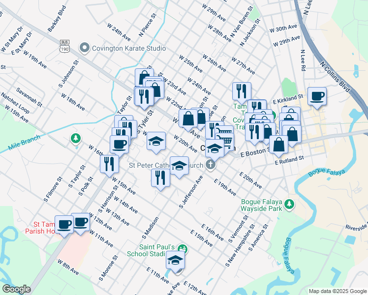 map of restaurants, bars, coffee shops, grocery stores, and more near 305 West 20th Avenue in Covington