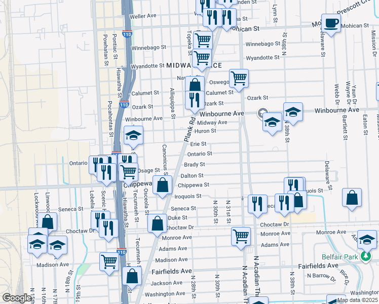 map of restaurants, bars, coffee shops, grocery stores, and more near 2731 Ontario Street in Baton Rouge