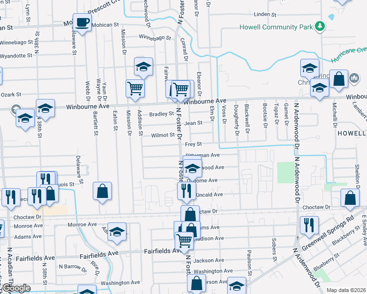 map of restaurants, bars, coffee shops, grocery stores, and more near 5044 Frey Street in Baton Rouge