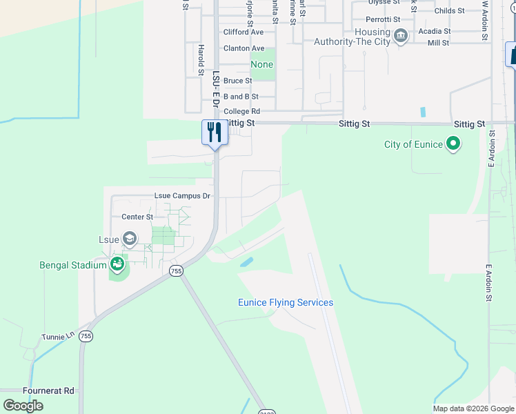 map of restaurants, bars, coffee shops, grocery stores, and more near 118 South Tanglewood Drive in Eunice