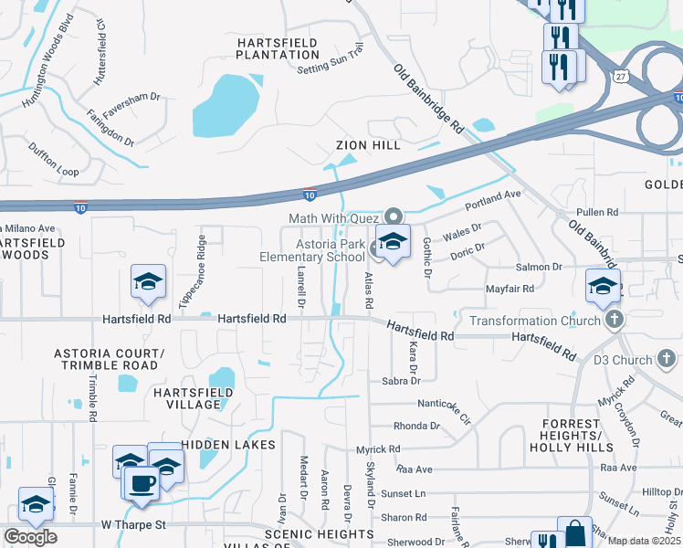map of restaurants, bars, coffee shops, grocery stores, and more near 2466 Nugget Lane in Tallahassee