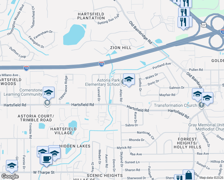 map of restaurants, bars, coffee shops, grocery stores, and more near 2466 Nugget Lane in Tallahassee
