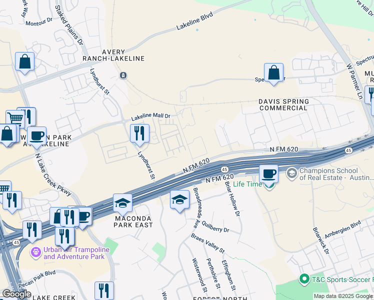 map of restaurants, bars, coffee shops, grocery stores, and more near 13501 Leaton Cove in Austin