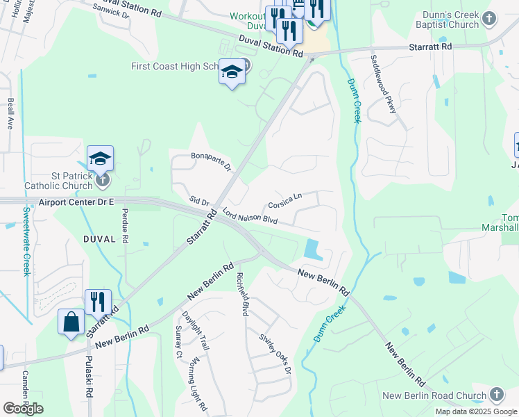 map of restaurants, bars, coffee shops, grocery stores, and more near 813 Corsica Lane in Jacksonville
