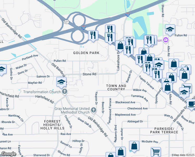 map of restaurants, bars, coffee shops, grocery stores, and more near 2489 East Thundell Drive in Tallahassee