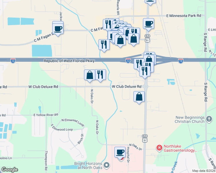 map of restaurants, bars, coffee shops, grocery stores, and more near 15655 West Club Deluxe Road in Hammond