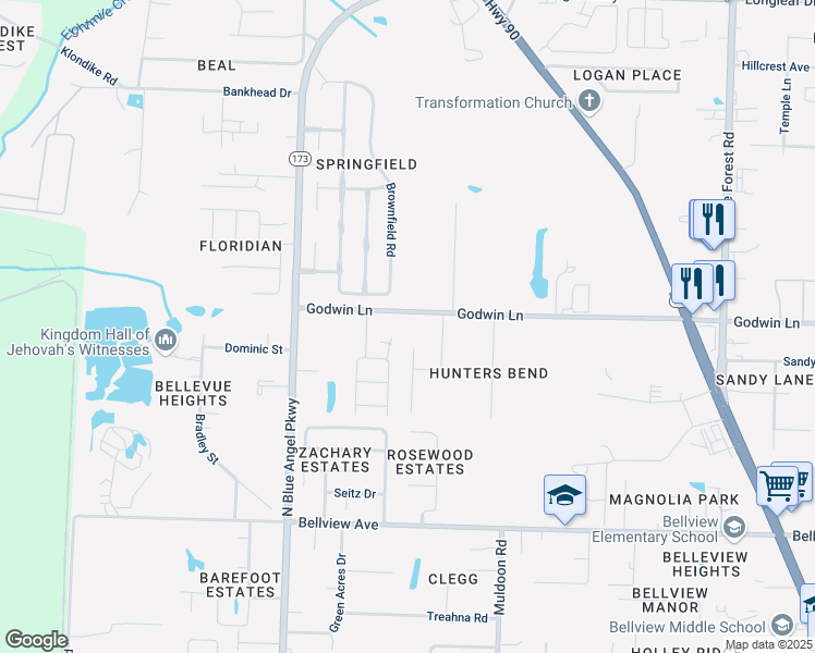 map of restaurants, bars, coffee shops, grocery stores, and more near 3545 Godwin Lane in Pensacola