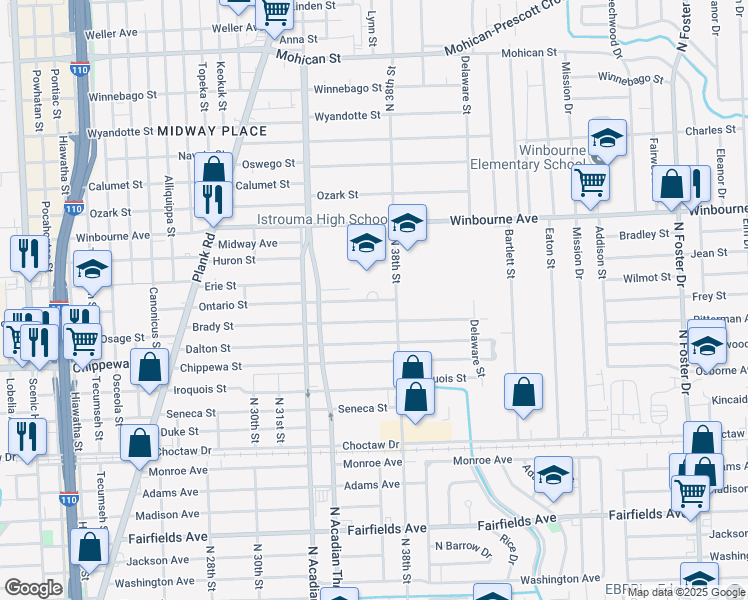 map of restaurants, bars, coffee shops, grocery stores, and more near 3605 Ontario Street in Baton Rouge