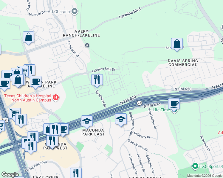 map of restaurants, bars, coffee shops, grocery stores, and more near 13606 Cibolo Trace in Austin